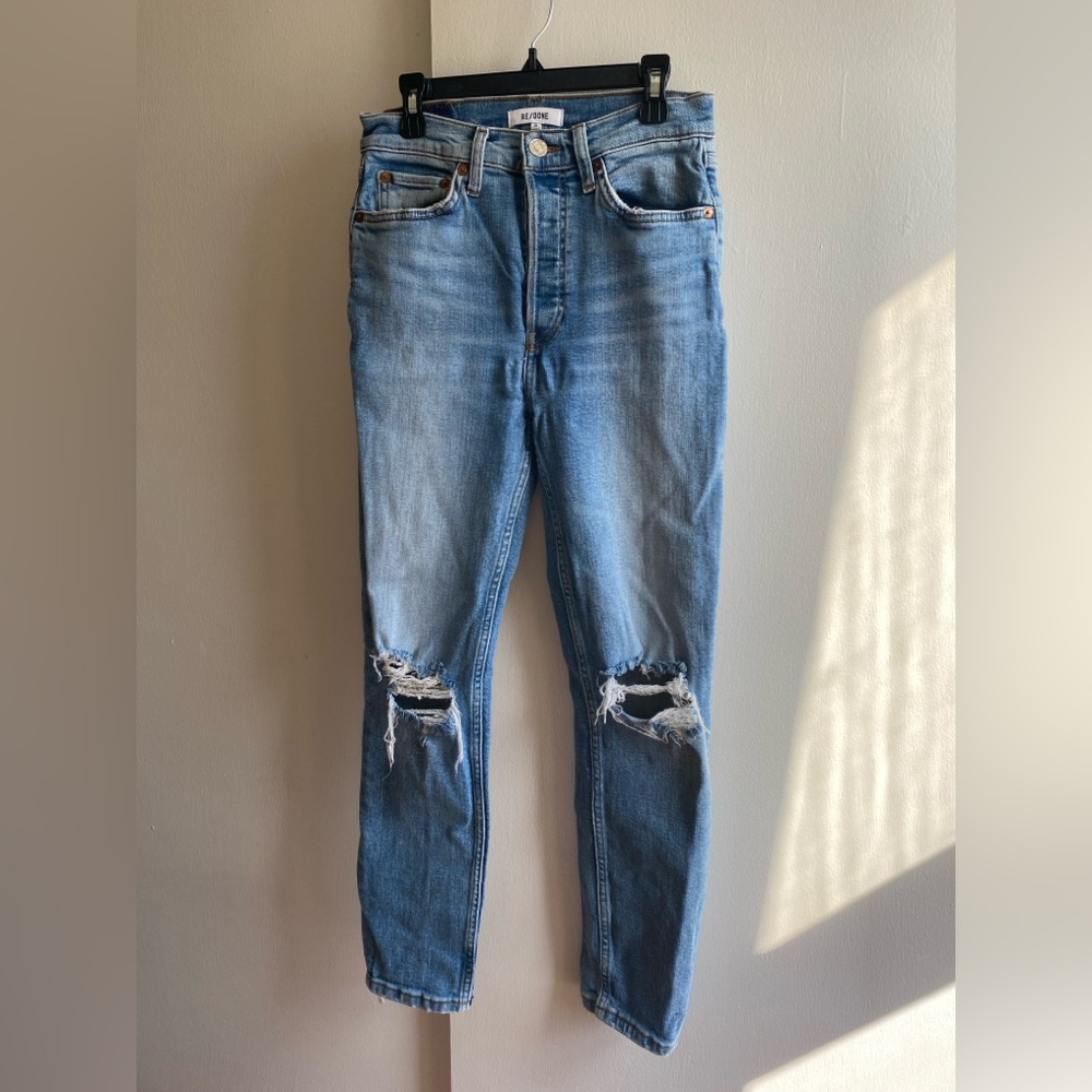 RE/DONE Jeans 90s High Rise Ankle Straight Light Blue Denim Button Fly 26